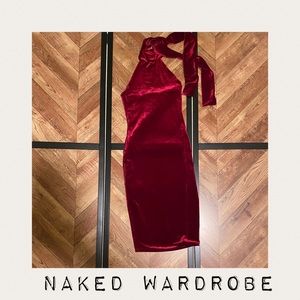 NAKED WARDROBE- Red Velvet Halter Dress - SZ Small